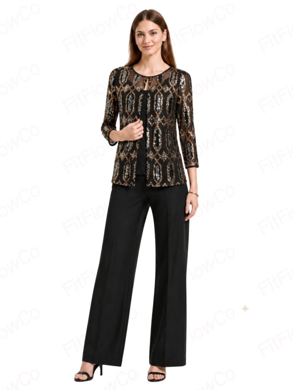 Alex Evenings Petite PS Black Gold Silver Sequin Layered Mesh Top Back Zipper